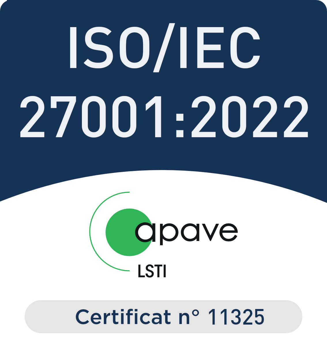 ISO/IEC 27001:2022 certification mark, Apave LSTI, certificate No. 11325
